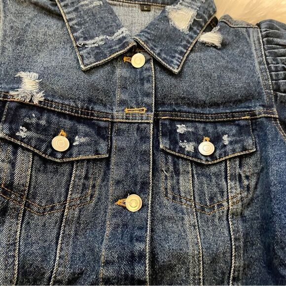 DENIM RIPPED JACKET PUFF SHOULDERS ASO ZARA - Picture 2 of 5